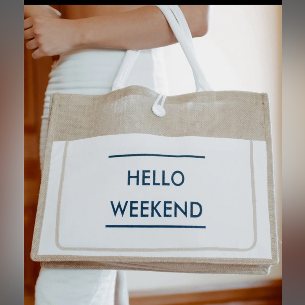 Hello Weekend Tote Bag - Beige and White